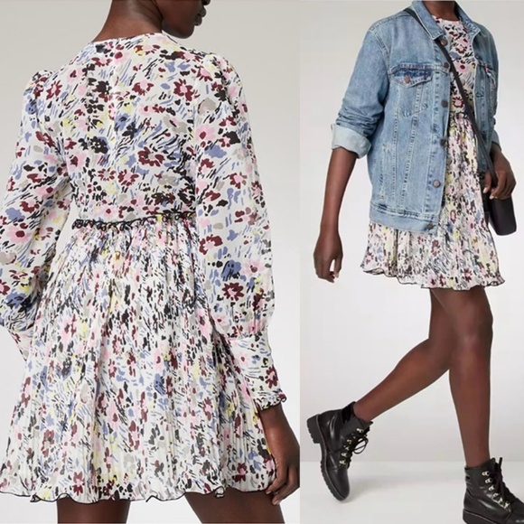 GANNI Floral Plisse Pleated Georgette Mini Dress - Picture 1 of 15